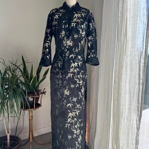 Chinese Tailor Women’s M Dress Black Gold Floral Bamboo Cheongsam Long Sleeve